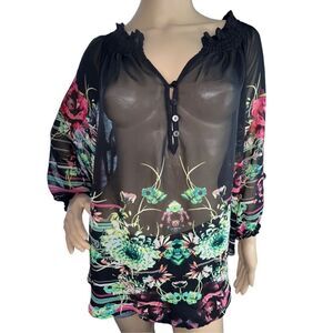 a.n.a Sheer Black 3/4 Sleeve Blouse With Floral Pattern